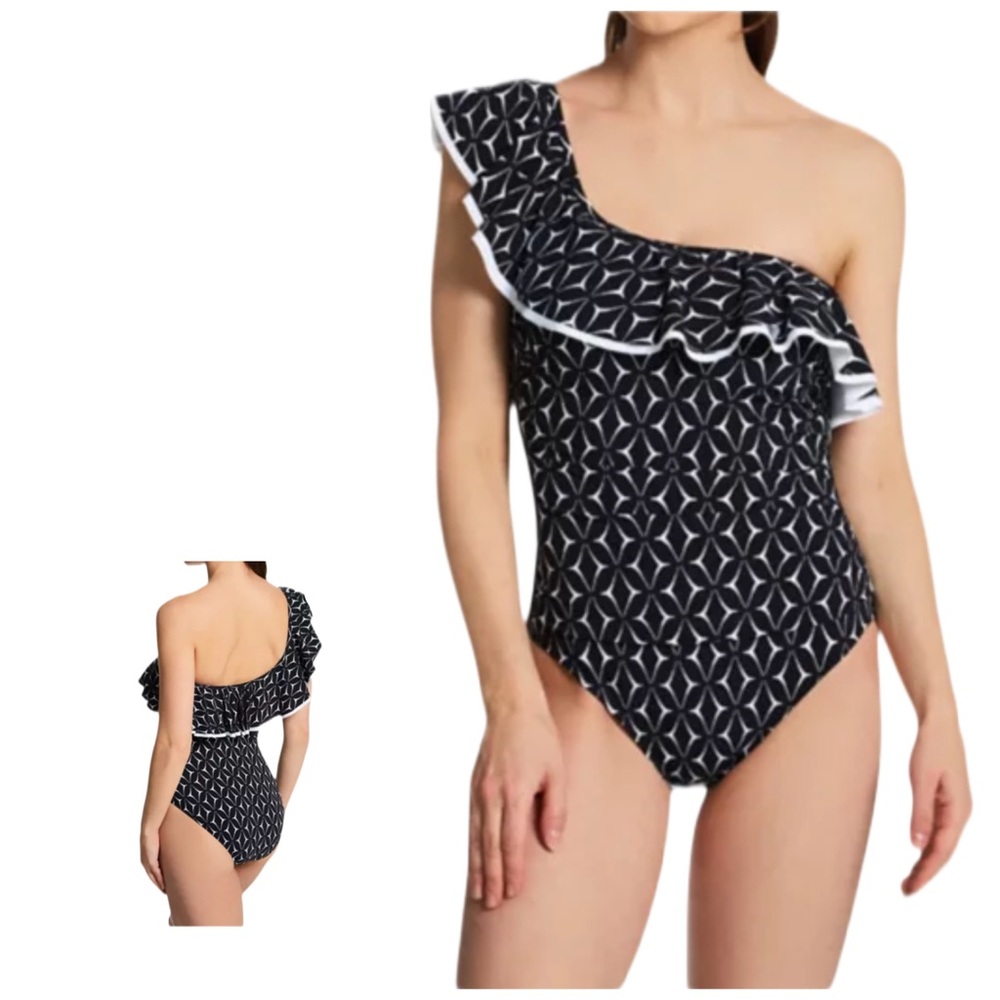 Gottex Black White Geo Print One Shoulder Ruffle One Piece Swimsuit Size Small